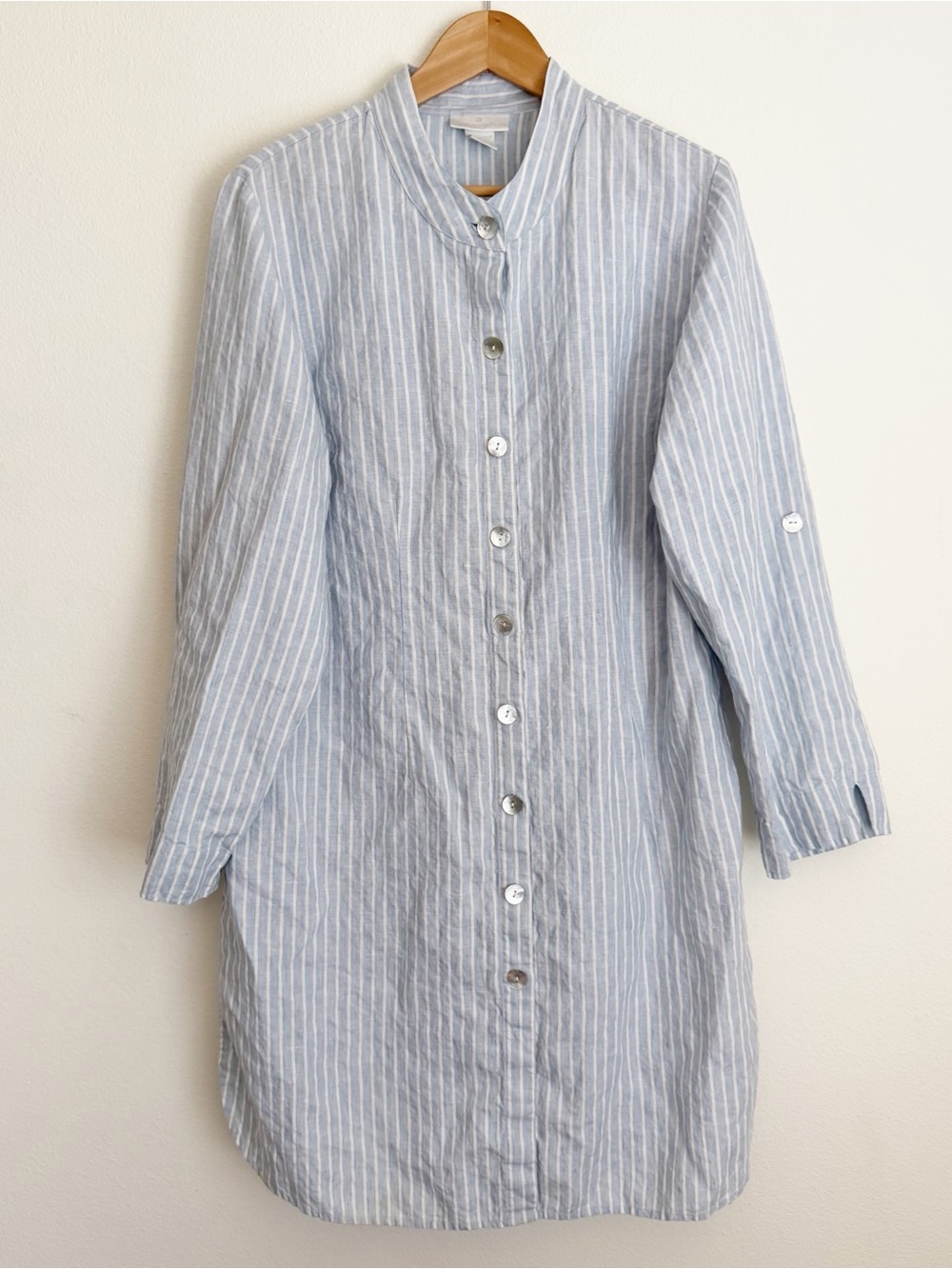 Soft Surroundings XL Blue White Stripe Linen Long Shirt Dress Tunic Boho Coastal